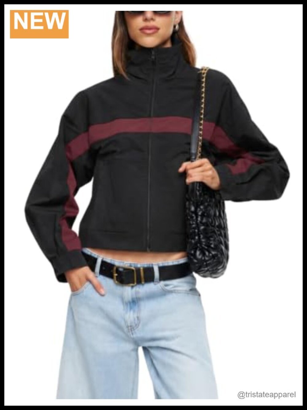 Women's Cropped Nylon Windbreaker Color Block Loose Fit Zip Up Casual Jacket